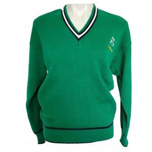 Traditional‎ Ireland Sweater Green V Neck Navy White Trim Clovers Med
